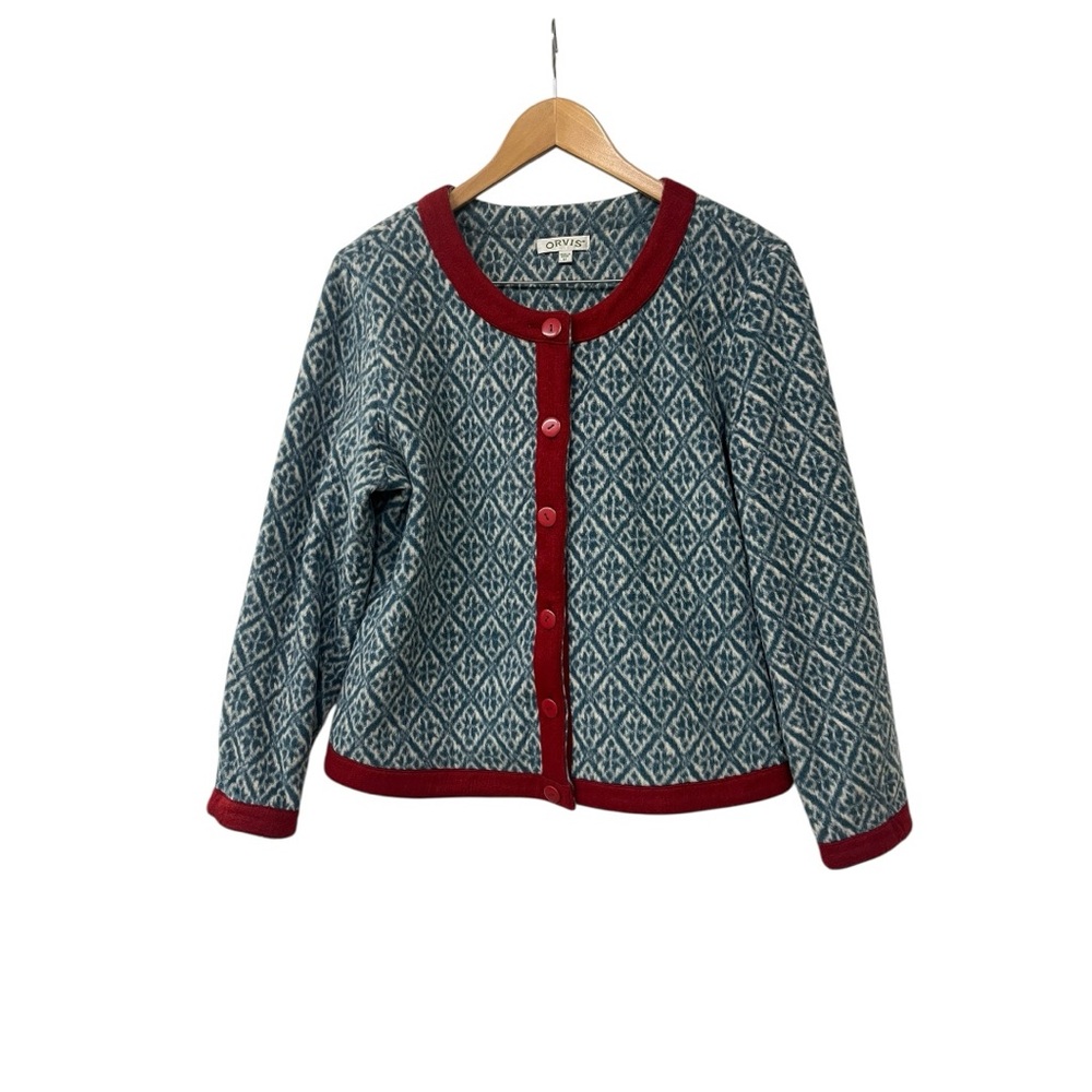 Orvis Fleece Nordic Pattern Blue Red White Ikat Button Up Jacket M